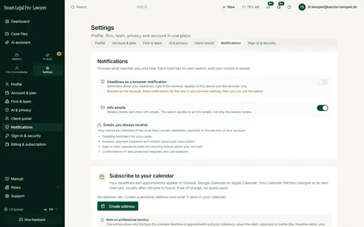 Each type of notification has its own switch; deadline reminders, invoices and security notices cannot be unsubscribed.