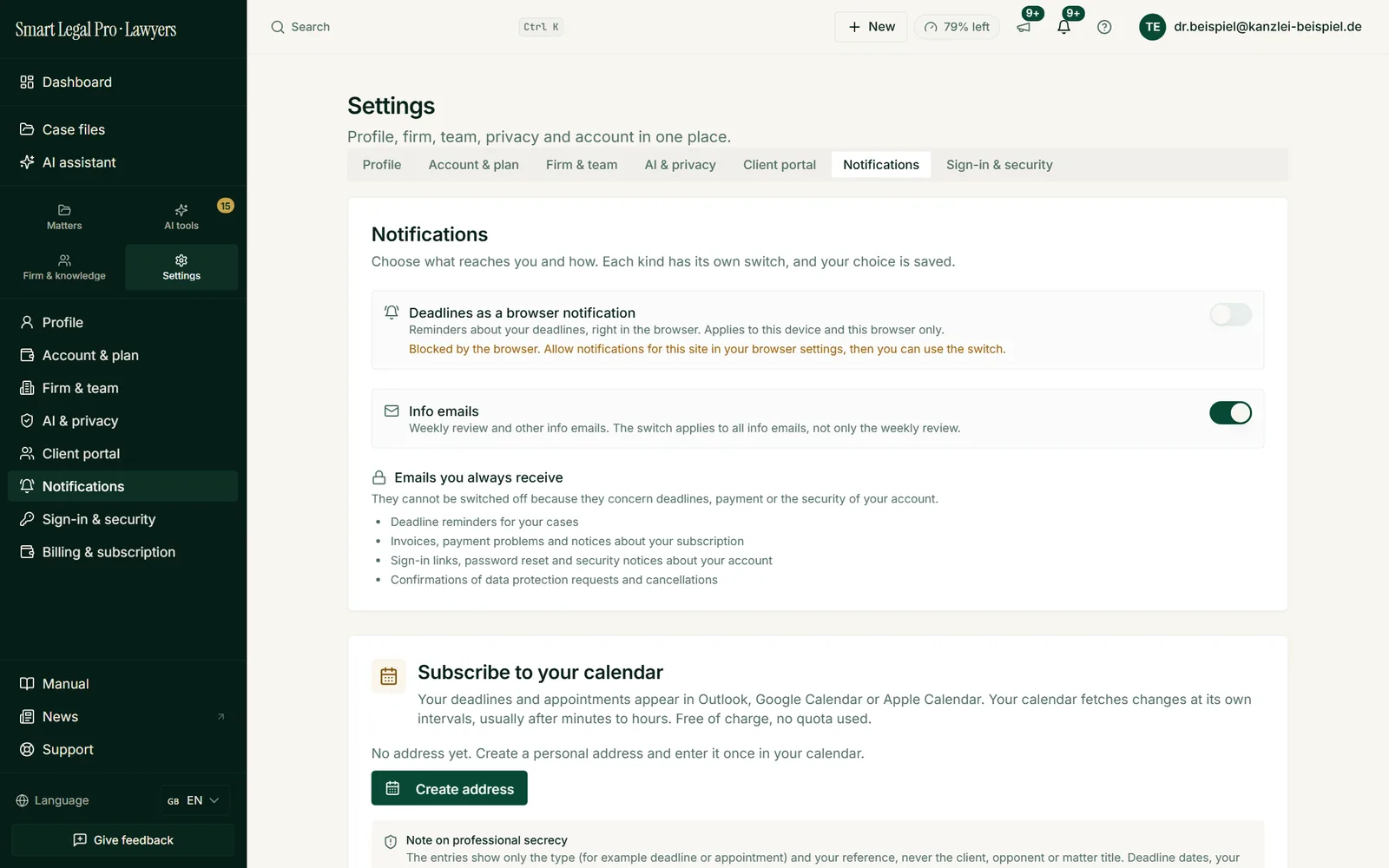 Each type of notification has its own switch; deadline reminders, invoices and security notices cannot be unsubscribed.