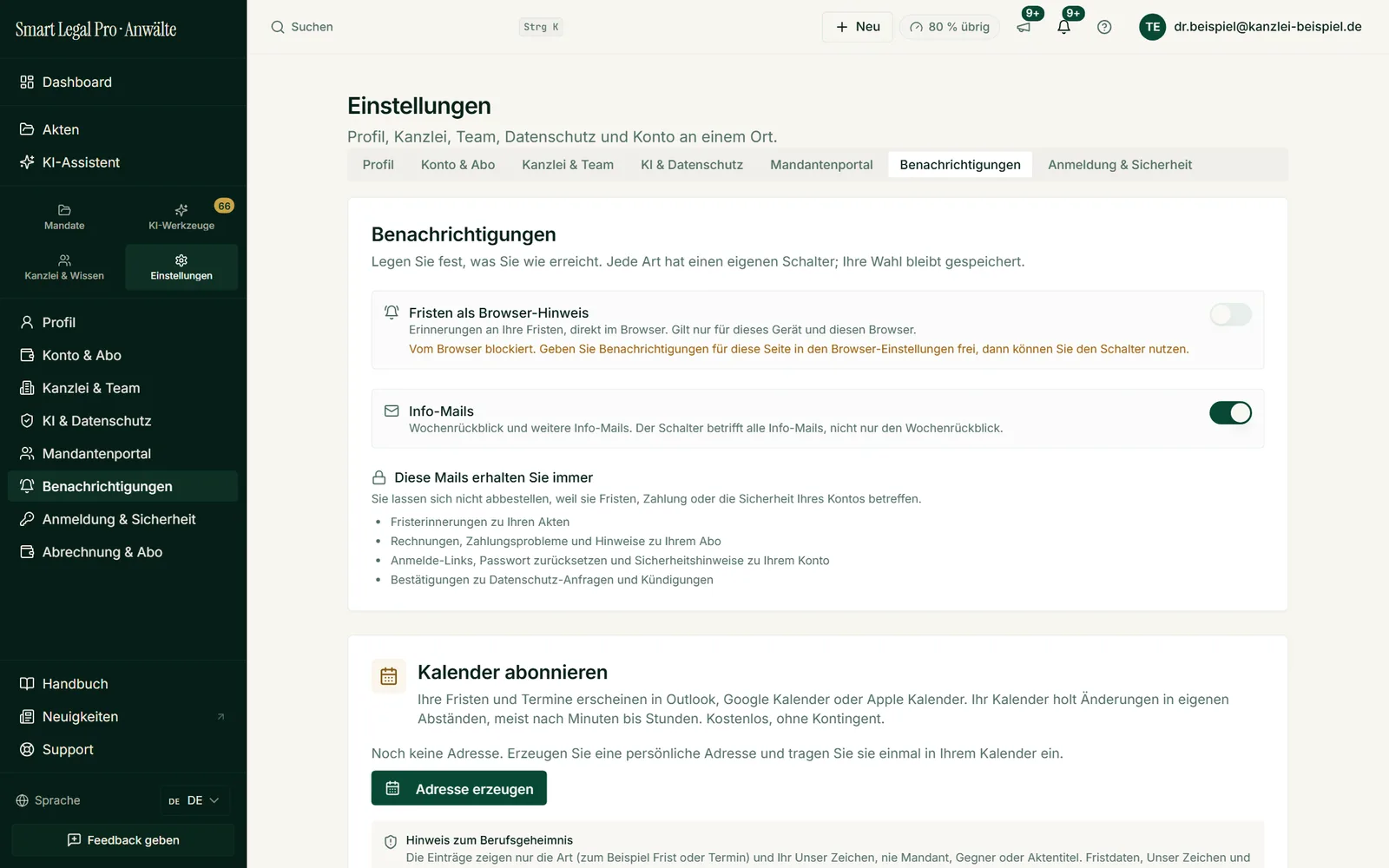 Jede Art von Benachrichtigung hat einen eigenen Schalter; Fristerinnerungen, Rechnungen und Sicherheitshinweise sind nicht abbestellbar.