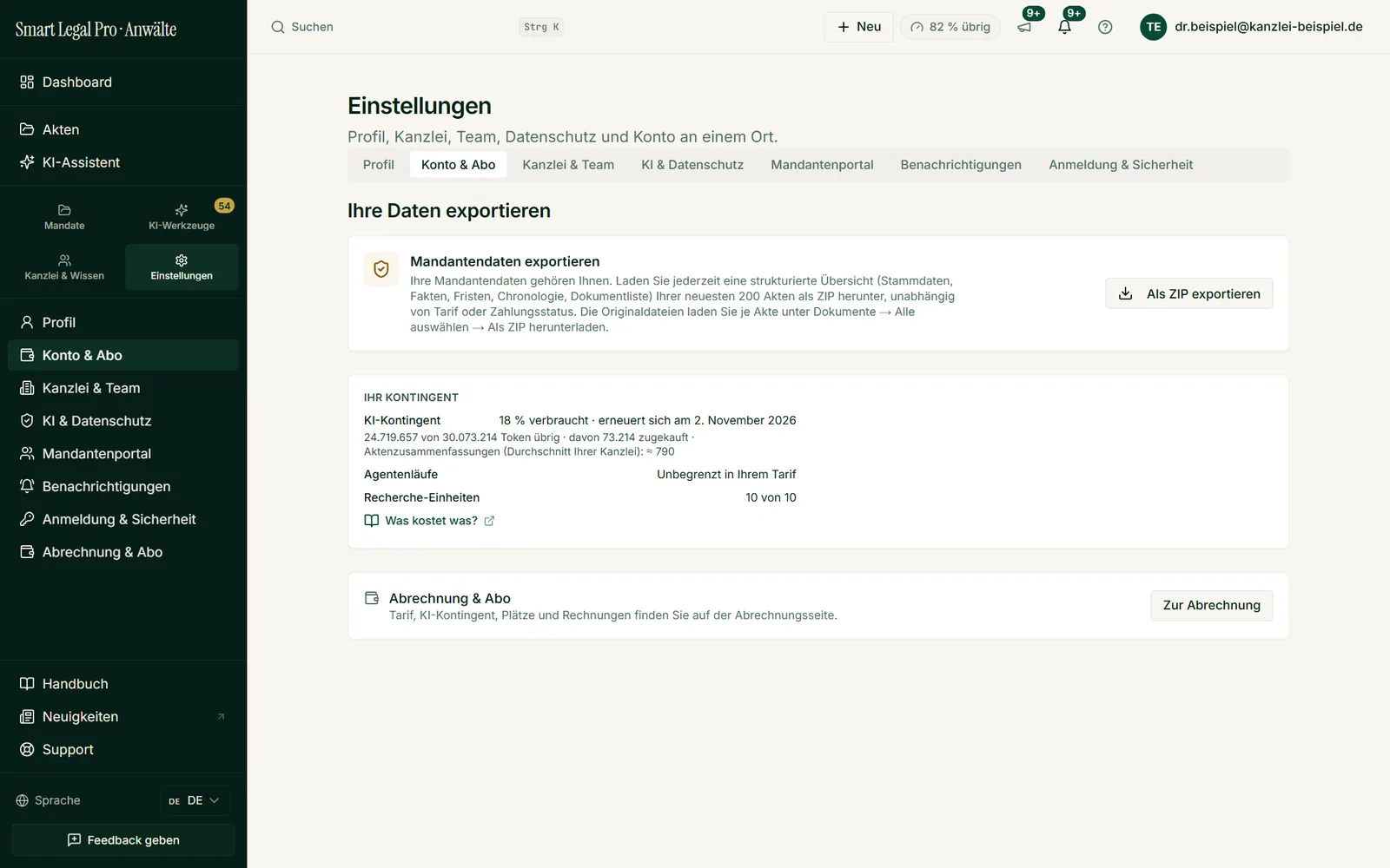 Ihre Daten gehören Ihnen: Mandantendaten als ZIP exportieren, KI-Kontingent, Agentenläufe und Recherche-Einheiten einsehen.