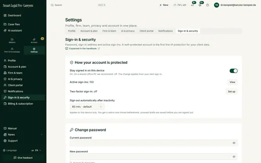 Set up two-factor sign-in, view active sessions, set automatic sign-out on inactivity and change your password.