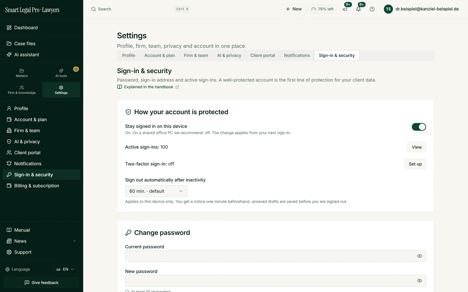 Set up two-factor sign-in, view active sessions, set automatic sign-out on inactivity and change your password.