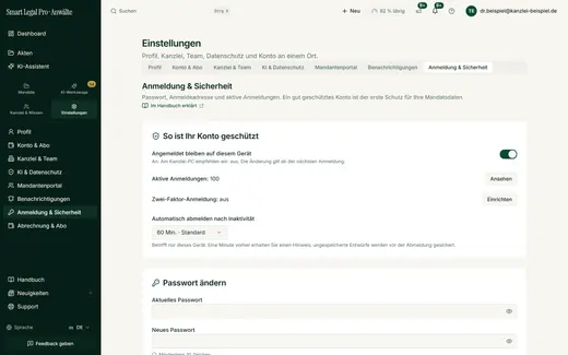 Zwei-Faktor-Anmeldung einrichten, aktive Anmeldungen ansehen, automatische Abmeldung bei Inaktivität festlegen und das Passwort ändern.