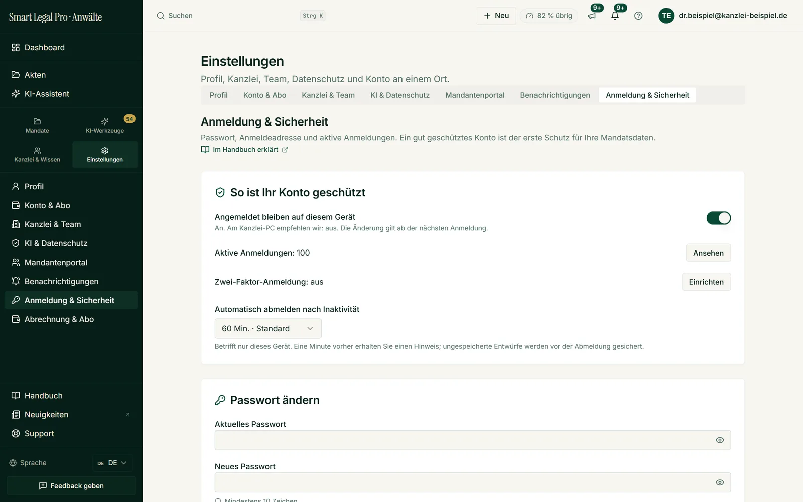 Zwei-Faktor-Anmeldung einrichten, aktive Anmeldungen ansehen, automatische Abmeldung bei Inaktivität festlegen und das Passwort ändern.
