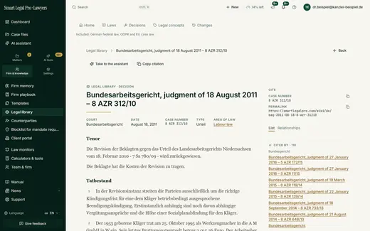 A decision in full text with court, date, file number and area of law, next to it citation fields and the list of citing judgments.