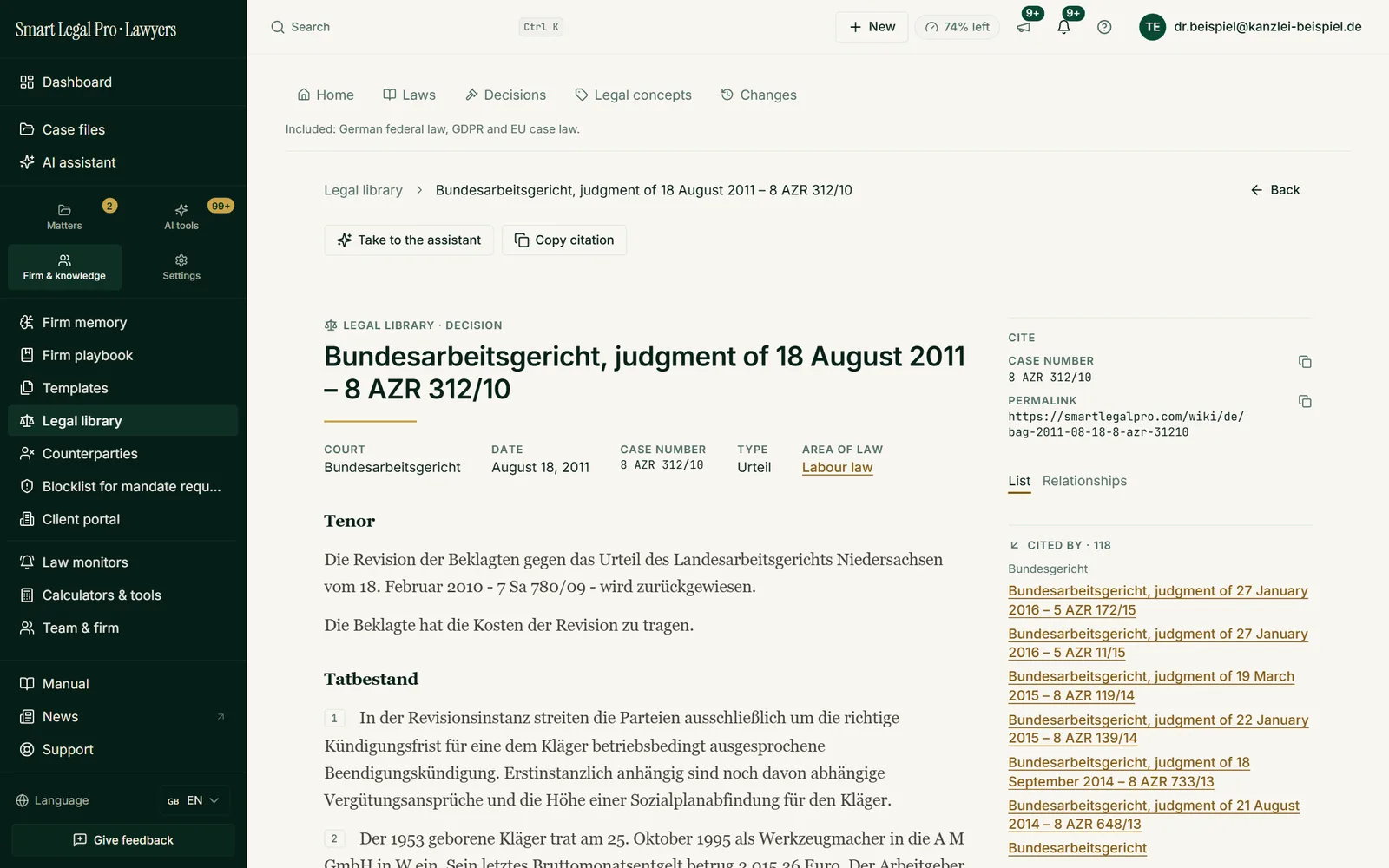 A decision in full text with court, date, file number and area of law, next to it citation fields and the list of citing judgments.