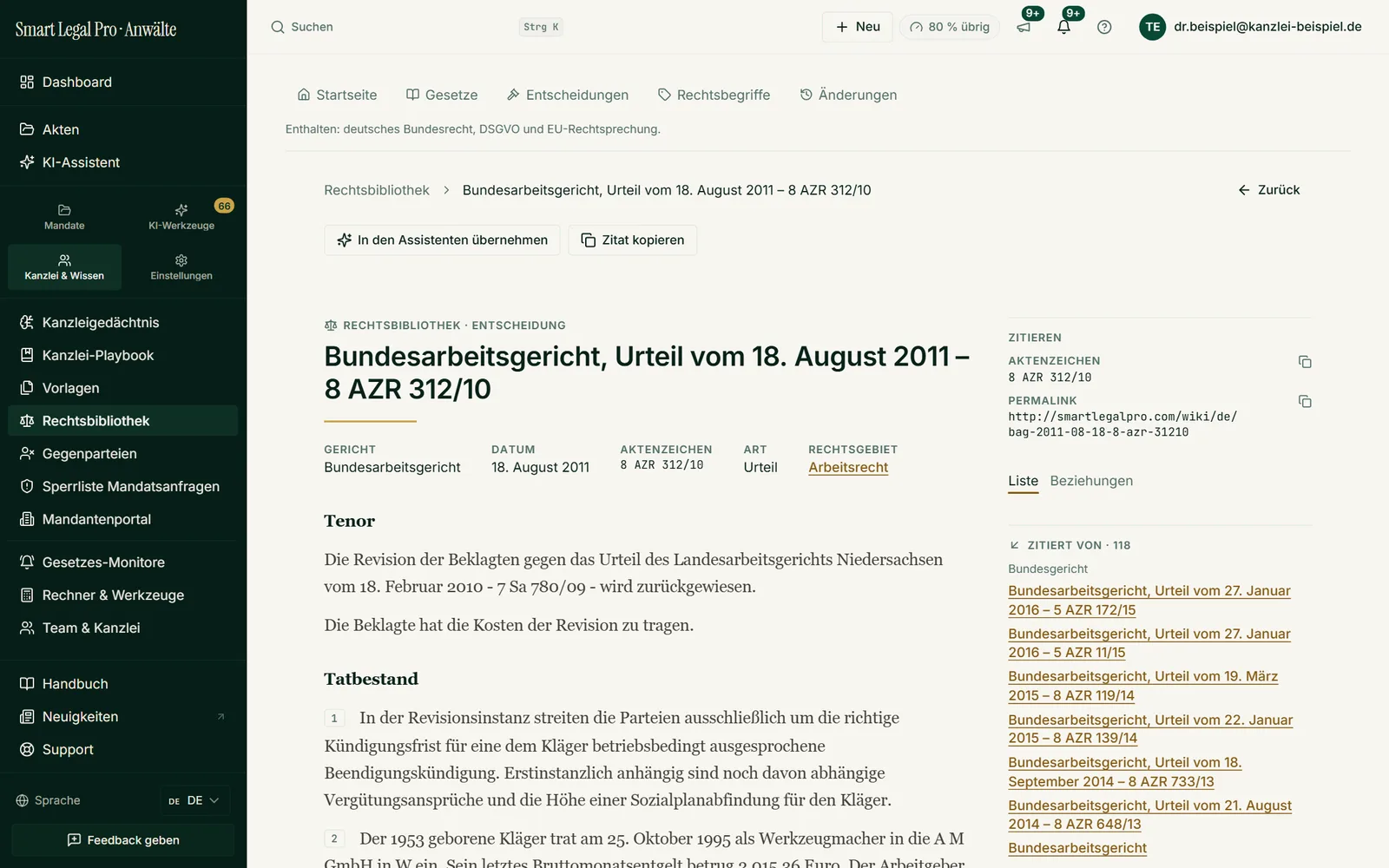 Eine Entscheidung im Volltext mit Gericht, Datum, Aktenzeichen und Rechtsgebiet, daneben Zitierfelder und die Liste der zitierenden Urteile.