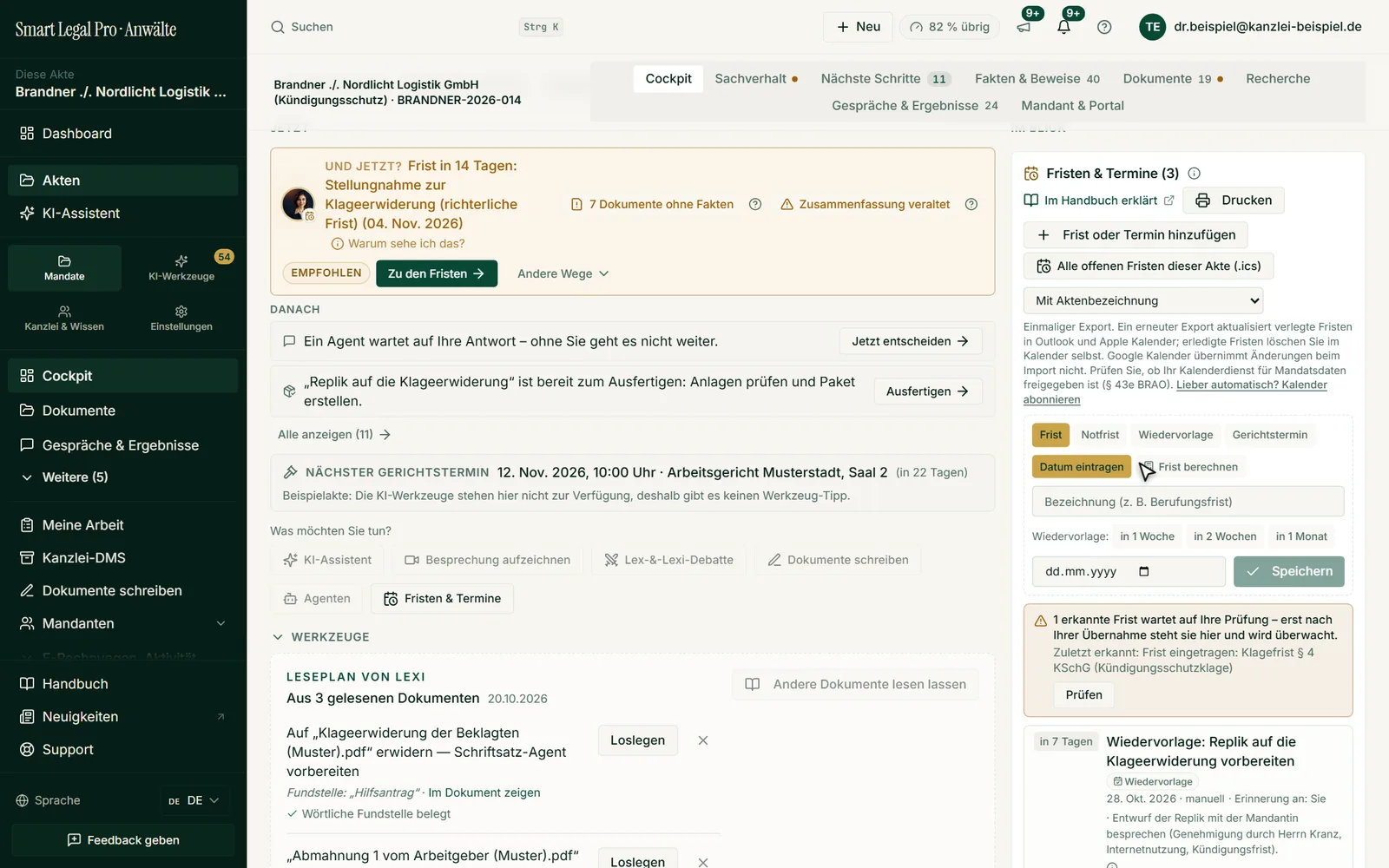 Im Fristenpanel der Akte tragen Sie Fristen, Notfristen, Wiedervorlagen und Gerichtstermine ein, drucken sie oder exportieren die offenen Fristen als Kalenderdatei.