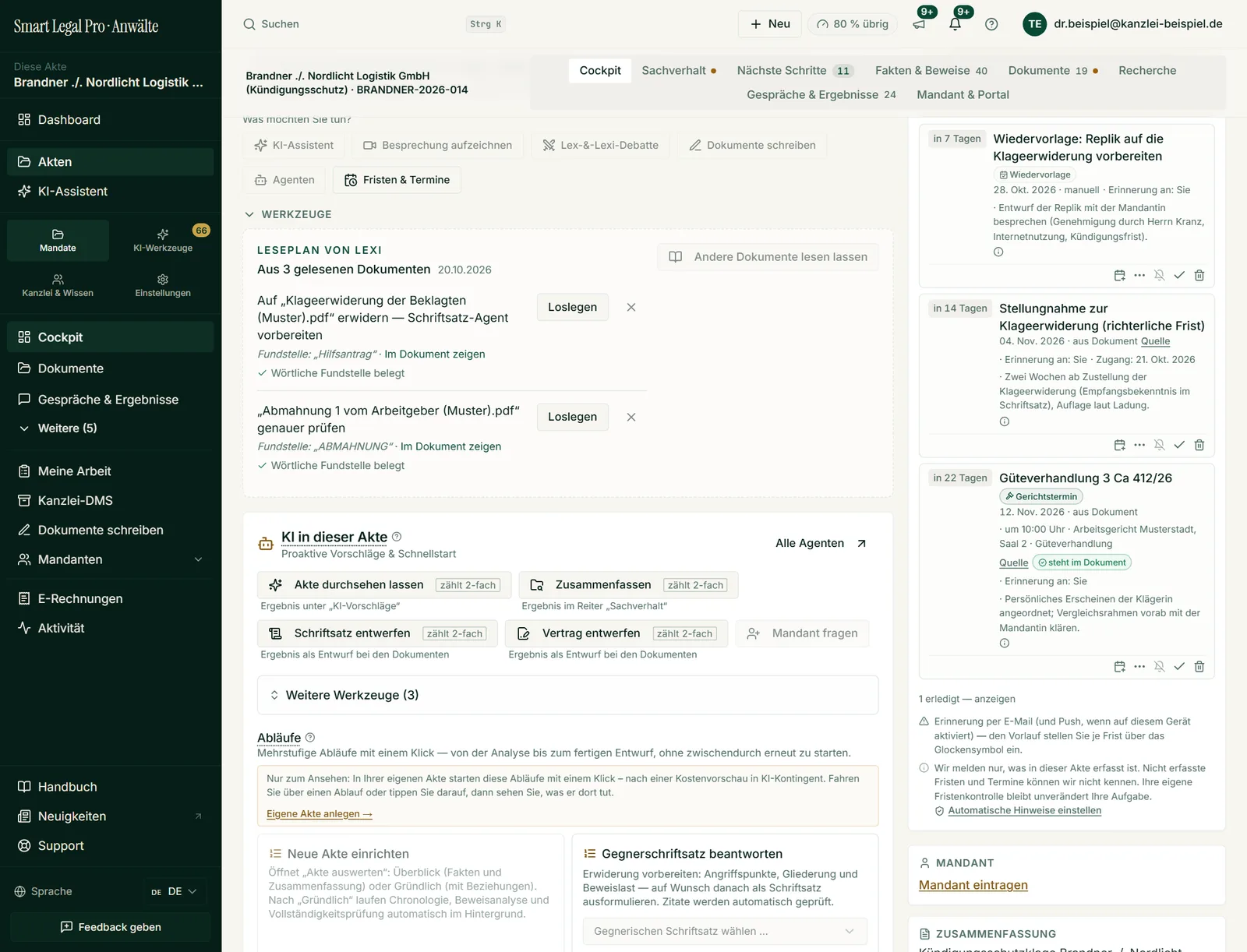 Jede Frist nennt Art, Datum, Erinnerung und, wo sie aus einem Dokument stammt, die Quelle mit dem Hinweis „steht im Dokument“.