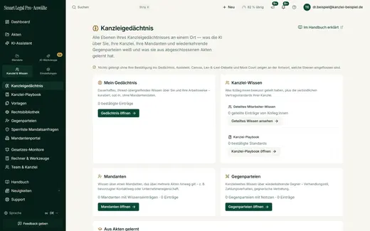 Das Kanzleigedächtnis bündelt Mein Gedächtnis, Kanzlei-Wissen, Mandanten und Gegenparteien an einem Ort; nichts gelangt ohne Bestätigung hinein.