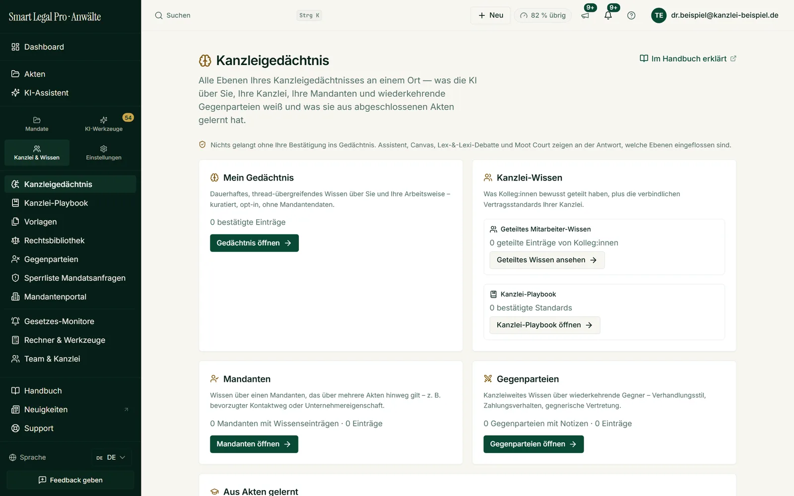 Das Kanzleigedächtnis bündelt Mein Gedächtnis, Kanzlei-Wissen, Mandanten und Gegenparteien an einem Ort; nichts gelangt ohne Bestätigung hinein.