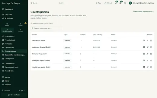 The register lists every opposing party your firm has encountered, with type, case count, last activity and notes.