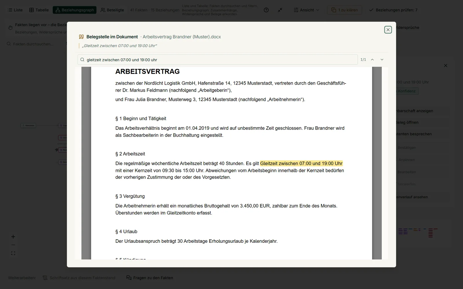 „Beleg öffnen“ zeigt die Belegstelle im Originaldokument, hier die Gleitzeit-Regel im Arbeitsvertrag, wörtlich markiert und durchsuchbar.