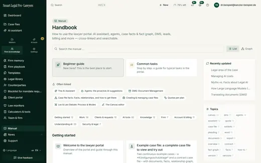 The handbook explains the AI assistant, agents, case facts, DMS and billing step by step – with quick start, common tasks and topic cloud.