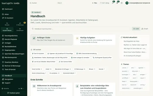 Das Handbuch erklärt KI-Assistent, Agenten, Aktenfakten, DMS und Abrechnung Schritt für Schritt – mit Schnellstart, häufigen Aufgaben und Themenwolke.