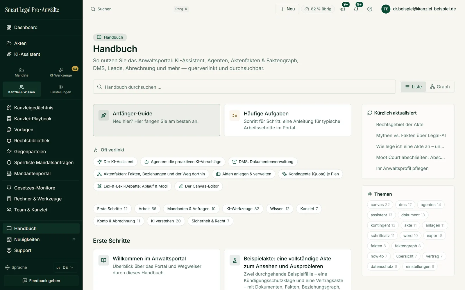 Das Handbuch erklärt KI-Assistent, Agenten, Aktenfakten, DMS und Abrechnung Schritt für Schritt – mit Schnellstart, häufigen Aufgaben und Themenwolke.