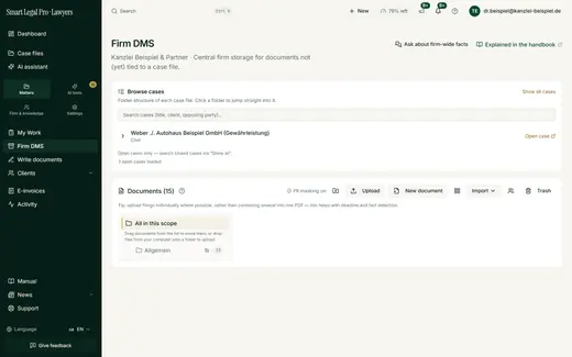 The firm’s central storage: search cases by title, client or opponent, upload or create documents, recycle bin, PII masking for the AI.