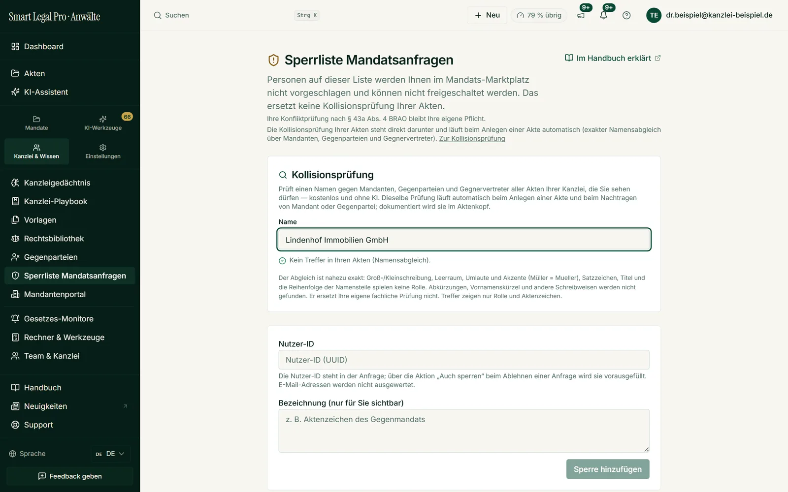 Ohne Treffer meldet der Abgleich „Kein Treffer in Ihren Akten“ und erklärt, wie genau er arbeitet.