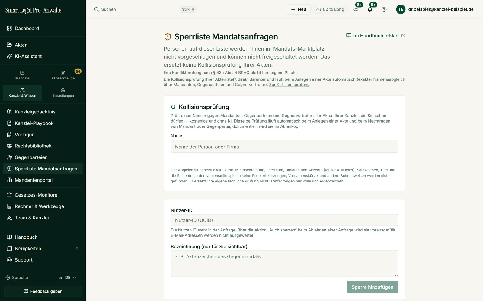 Namen gegen alle Akten Ihrer Kanzlei abgleichen – Mandanten, Gegenparteien, Gegnervertreter – und Personen für den Marktplatz sperren. Die Prüfung ist kostenlos und läuft ohne KI.