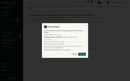Before the start, the preview states estimated usage, model weighting, quota load, duration and the remaining quota; “Start now” triggers the AI.