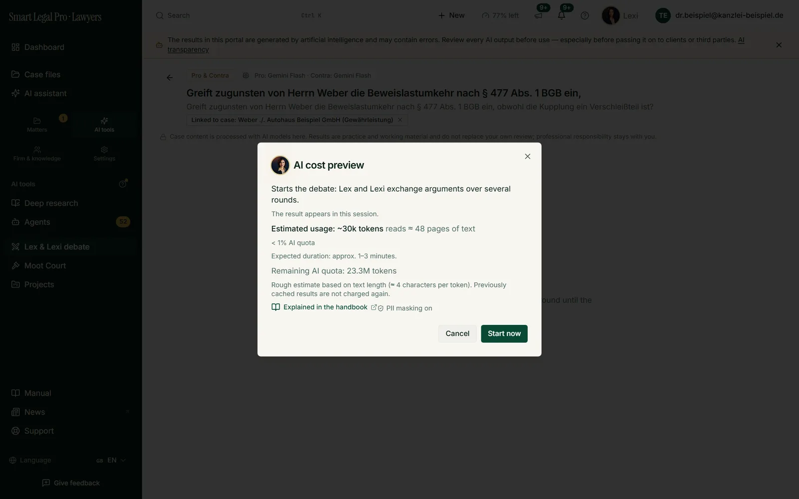 Before the start, the preview states estimated usage, model weighting, quota load, duration and the remaining quota; “Start now” triggers the AI.