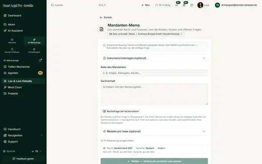 Lex sammelt Recht und Chancen, Lexi Risiken, Kosten und offene Fragen; das Ergebnis ist ein Entwurf, den Sie prüfen.