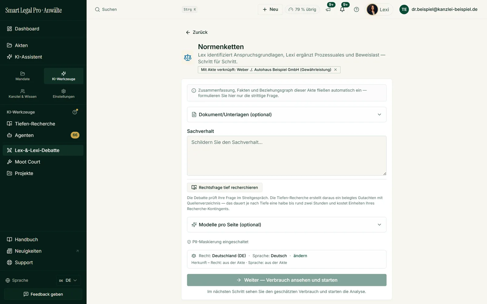 Lex identifiziert Anspruchsgrundlagen, Lexi ergänzt Prozessuales und Beweislast; die Akte liefert den Kontext.