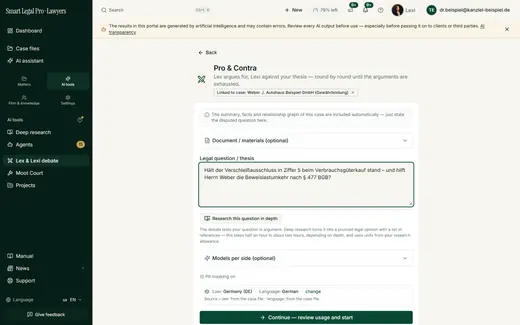 The form asks only for the disputed legal question; summary, facts and relationship graph of the case flow in, law and language come from the case.