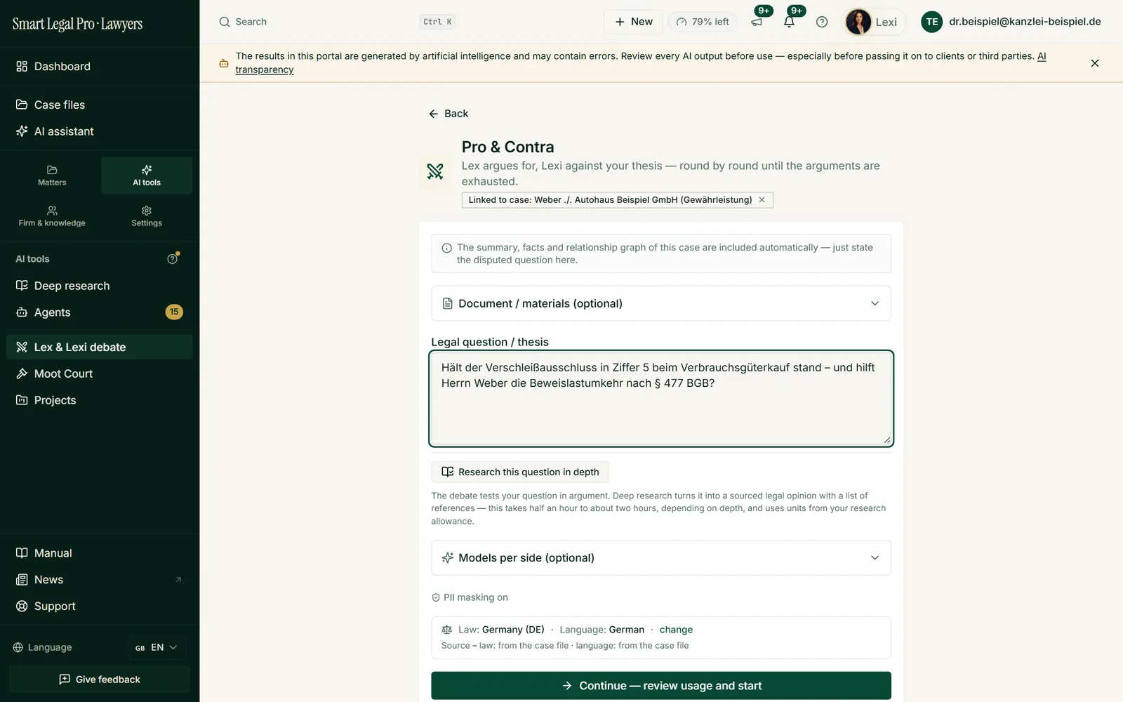 The form asks only for the disputed legal question; summary, facts and relationship graph of the case flow in, law and language come from the case.