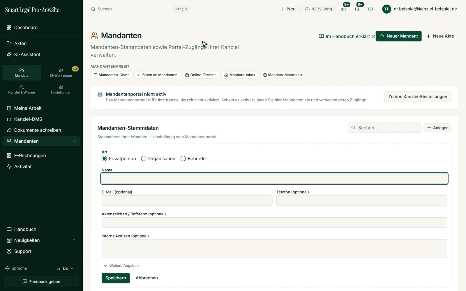 Stammdaten Ihrer Mandate pflegen Sie unabhängig vom Portal; wann ein Mandant einen Zugang bekommt, entscheiden Sie später und je Akte.