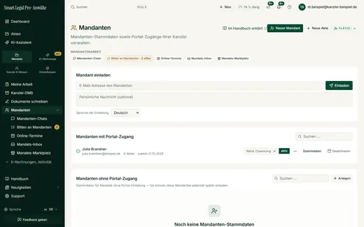Mandanten per E-Mail ins Portal einladen, Zugänge verwalten und Stammdaten auch für Mandate ohne Portal pflegen.