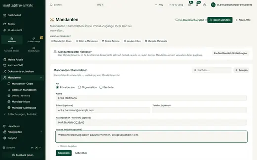 Mandanten-Stammdaten erfassen: Privatperson, Organisation oder Behörde
