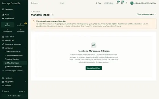 Mandats-Inbox: Anfragen mit Pflichthinweis zur Interessenkonfliktprüfung