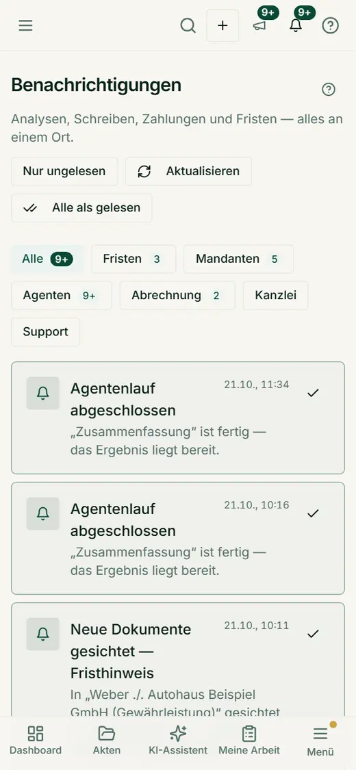 Die Benachrichtigungs-Übersicht auf dem Smartphone mit Filtern nach Art und Schnellaktionen zum Lesen und Aktualisieren.