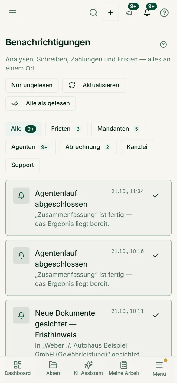 Die Benachrichtigungs-Übersicht auf dem Smartphone mit Filtern nach Art und Schnellaktionen zum Lesen und Aktualisieren.