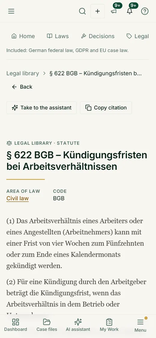 A provision with wording, area of law and citation field on the phone – for a quick look-up at the hearing or on the way to court.