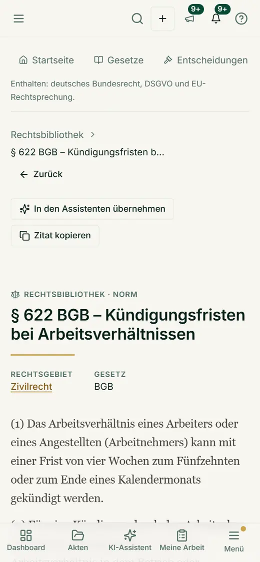 Eine Norm mit Wortlaut, Rechtsgebiet und Zitat-Feld auf dem Handy – für die schnelle Nachschau im Termin oder auf dem Weg ins Gericht.