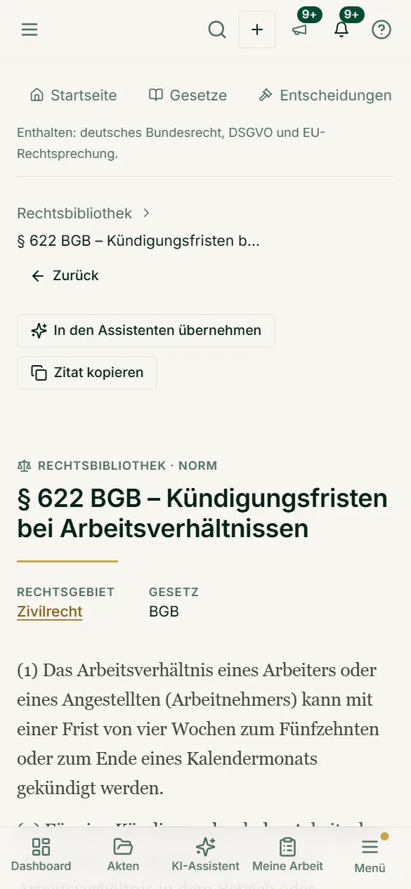 Eine Norm mit Wortlaut, Rechtsgebiet und Zitat-Feld auf dem Handy – für die schnelle Nachschau im Termin oder auf dem Weg ins Gericht.