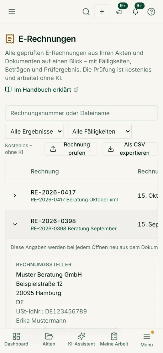 Die E-Rechnungen der Kanzlei auf dem Smartphone mit Suche, Filtern und aufklappbaren Zeilen je Rechnung.