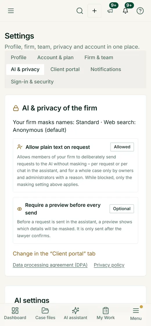 The firm settings for pseudonymization and the preview before sending – also viewable on the go.