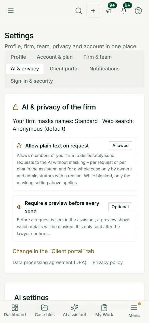 The firm settings for pseudonymization and the preview before sending – also viewable on the go.
