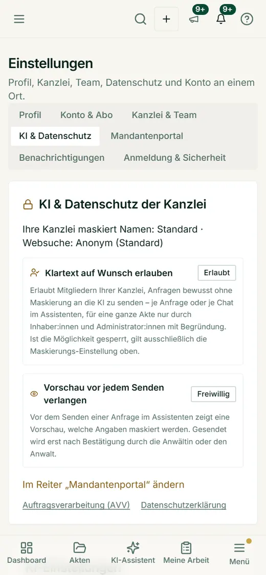 Die Kanzlei-Einstellungen zur Pseudonymisierung und zur Vorschau vor dem Senden – auch unterwegs einsehbar.