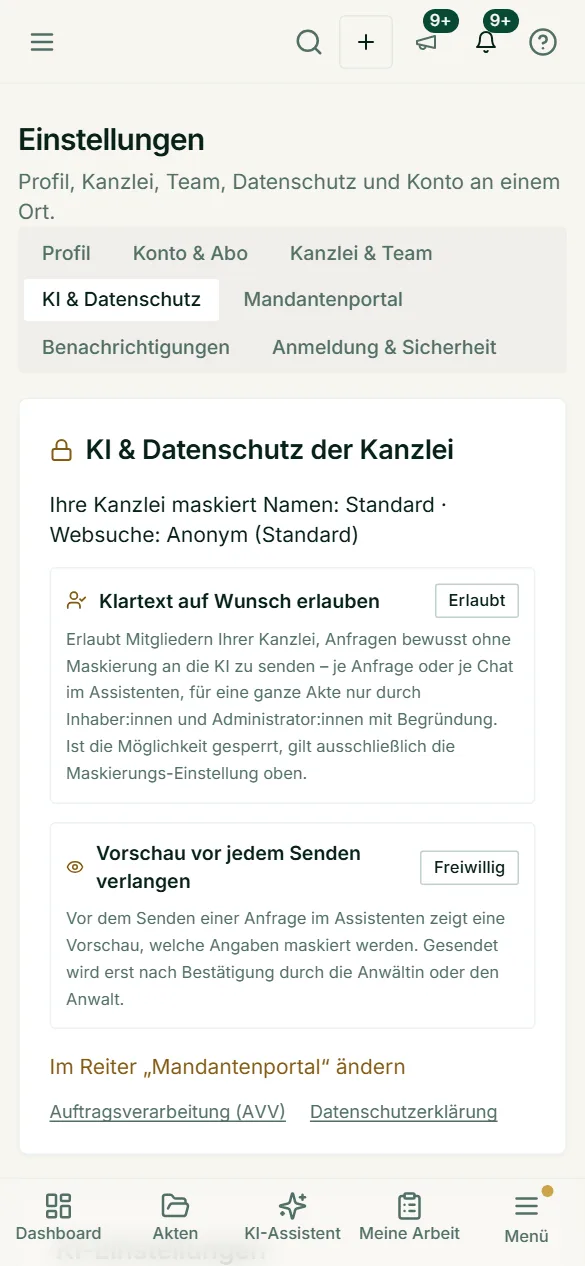 Die Kanzlei-Einstellungen zur Pseudonymisierung und zur Vorschau vor dem Senden – auch unterwegs einsehbar.