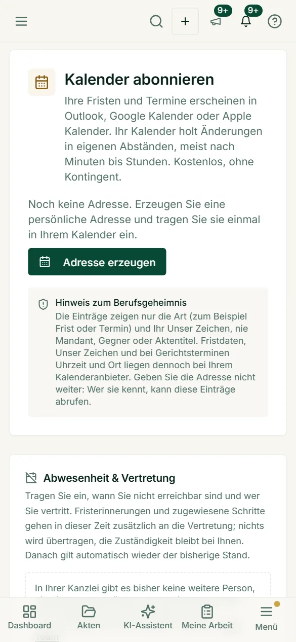 Die persönliche Kalender-Adresse lässt sich direkt am Smartphone erzeugen und in Outlook, Google oder Apple Kalender eintragen; die Einträge zeigen nie Mandant, Gegner oder Aktentitel.