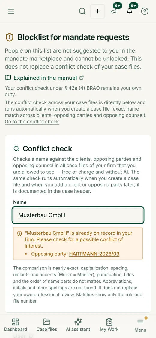 On the go you also compare a name against all cases – for example at the first phone call with a client. The hit names the role and file number; the review under professional rules remains your own.