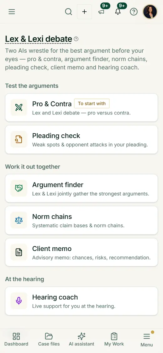 The start page of the Lex & Lexi debate as a card list with Pro & Con, pleading check, argument search, chains of provisions, client memo and negotiation coach.