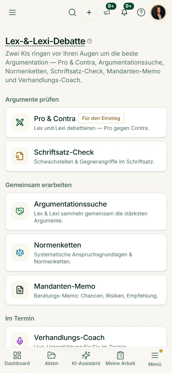 Die Startseite der Lex-&-Lexi-Debatte als Kartenliste mit Pro & Contra, Schriftsatz-Check, Argumentationssuche, Normenketten, Mandanten-Memo und Verhandlungs-Coach.