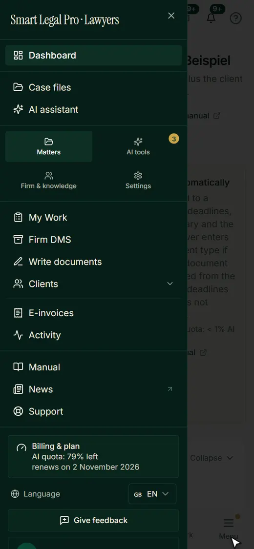 The menu sheet on the smartphone leads into the same structure as on the computer: mandates, AI tools, firm & knowledge and settings.