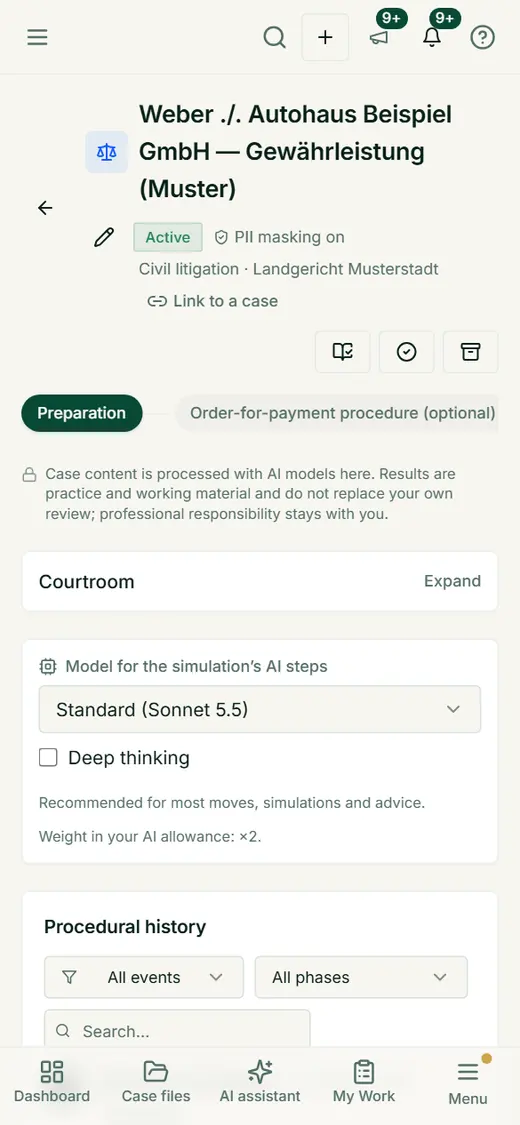 The proceedings simulation on the go: phase bar, courtroom and course of proceedings in one column – practice material for the next hearing.