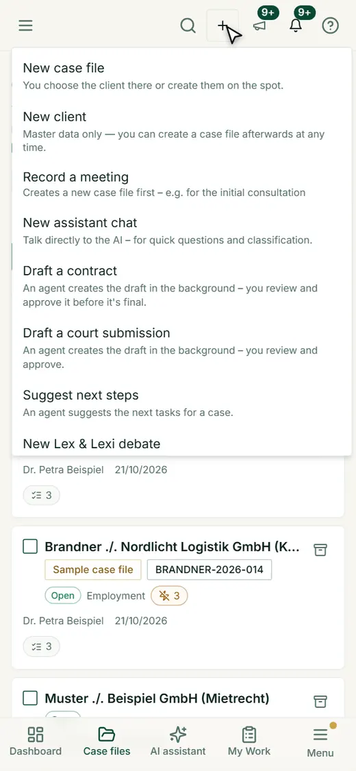 The plus at the top opens the New menu: create a case or client, record a meeting, have a contract or pleading drafted in the background.